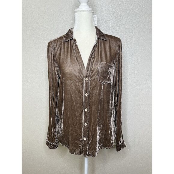 CP SHADES Size S Catrin Crushed Velvet LS Button Up Shirt Brown Rayon Silk - Picture 1 of 12